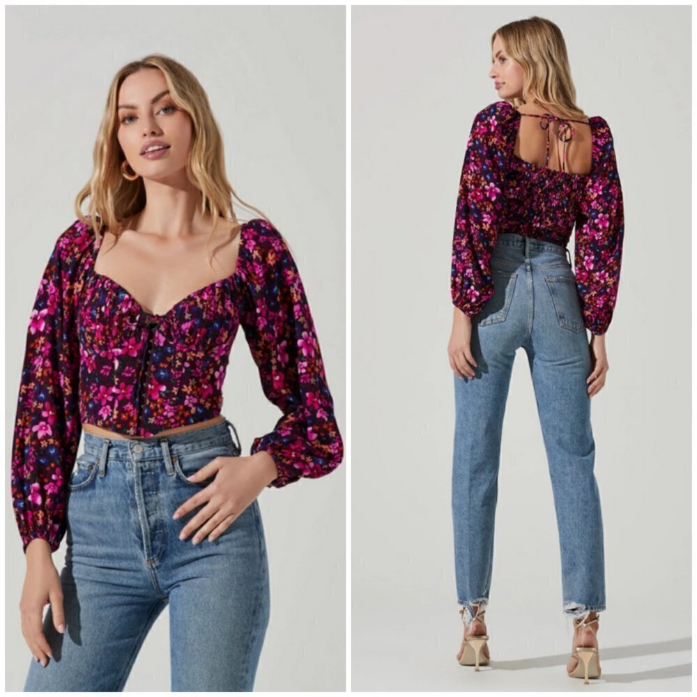 💕ASTR💕 Edwina Floral Corset Long Sleeve Top ~ Purple Floral Print XS NWT - Picture 4 of 14